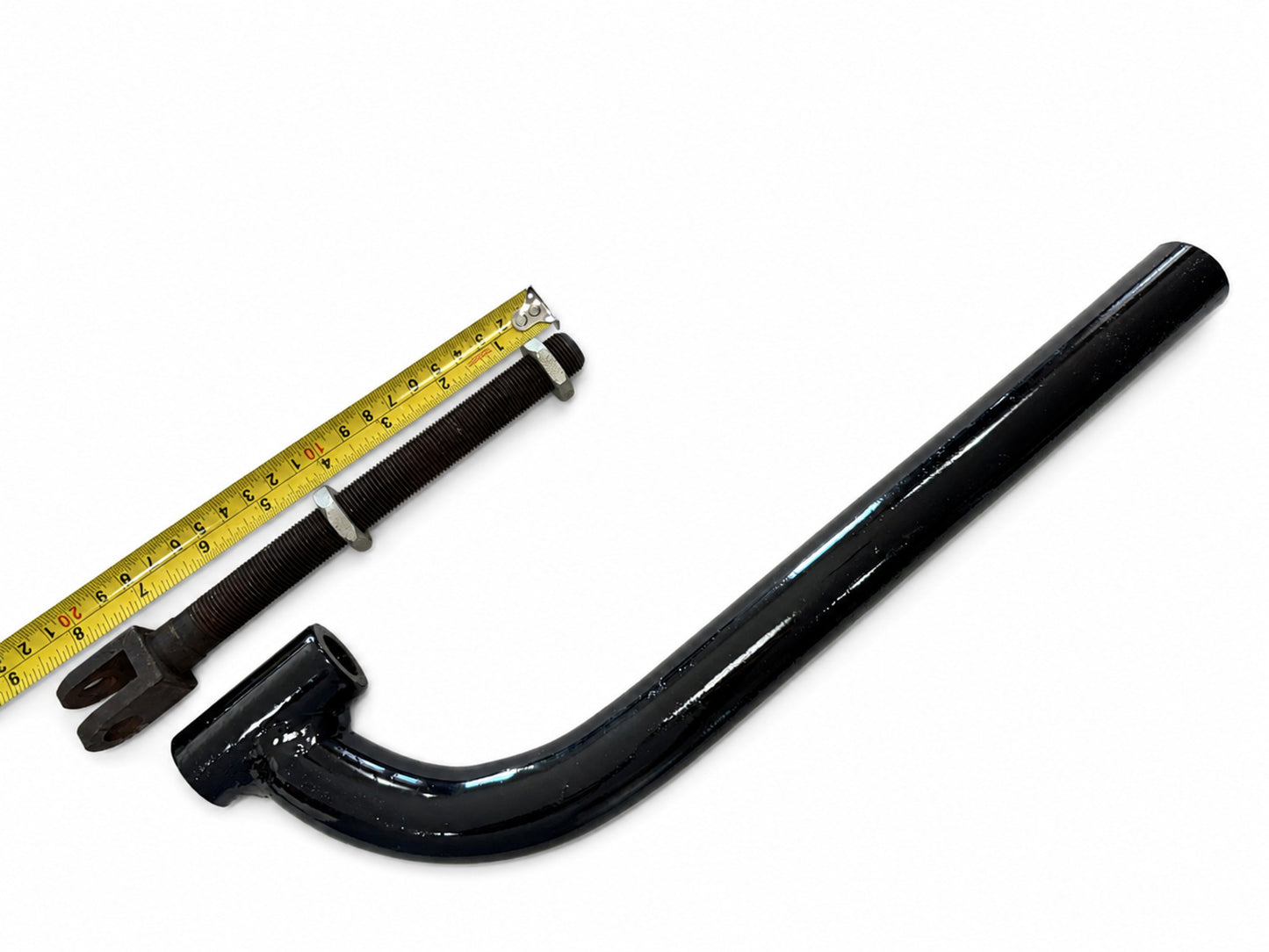 Black motorcycle sidecar J Bar with adjustable threaded clevis mount and original tape-measure dimensions.