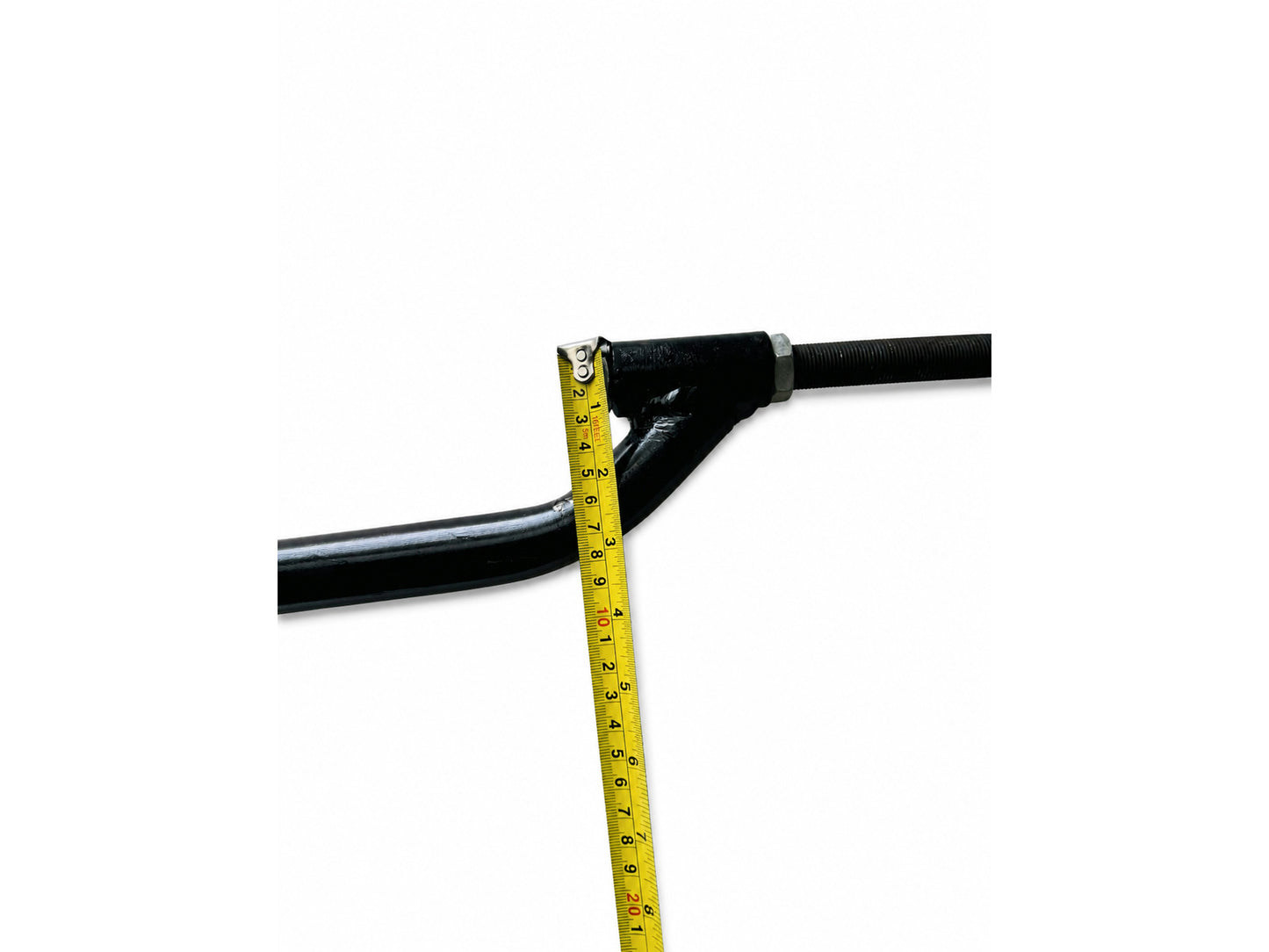 Black motorcycle sidecar J Bar mounting bracket with threaded adjustment rod and original tape-measure height measurement.