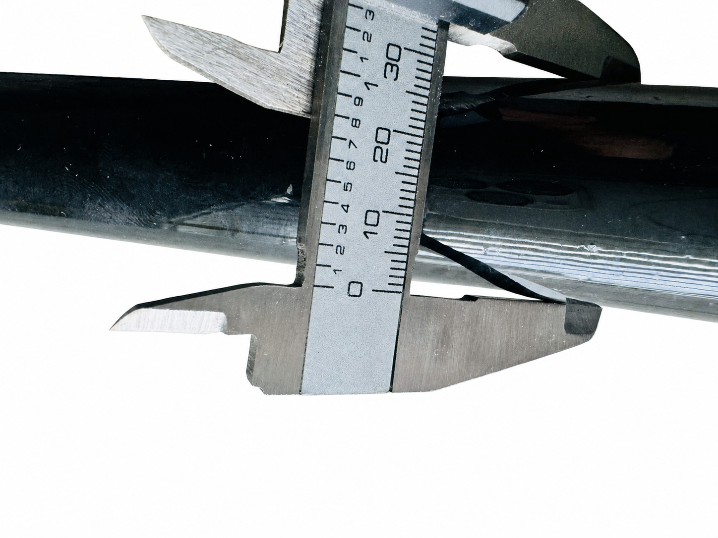 Close-up of a motorcycle sidecar J Bar with its original vernier caliper thickness measurement.