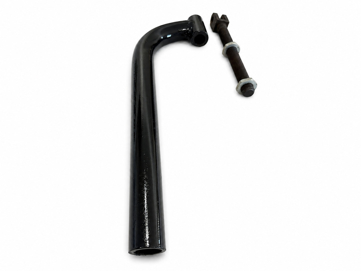 Black motorcycle sidecar J Bar mounting bracket with separate adjustable threaded clevis bolt and two nuts.