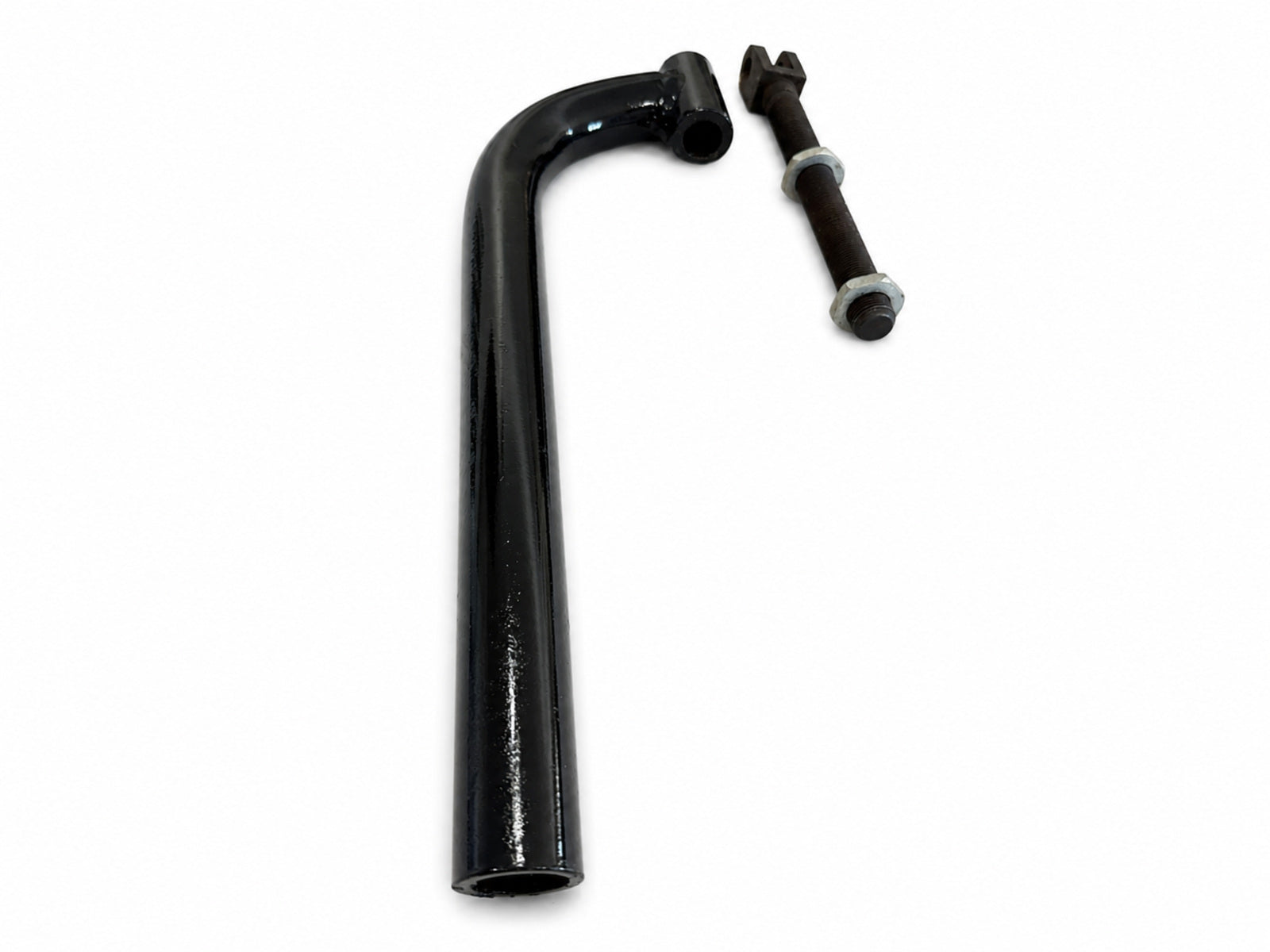 Black motorcycle sidecar J Bar mounting bracket with separate adjustable threaded clevis bolt and two nuts.