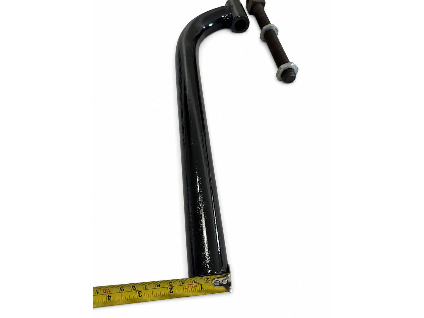Black motorcycle sidecar J Bar with threaded mounting hardware and original tape-measure end-width measurement.