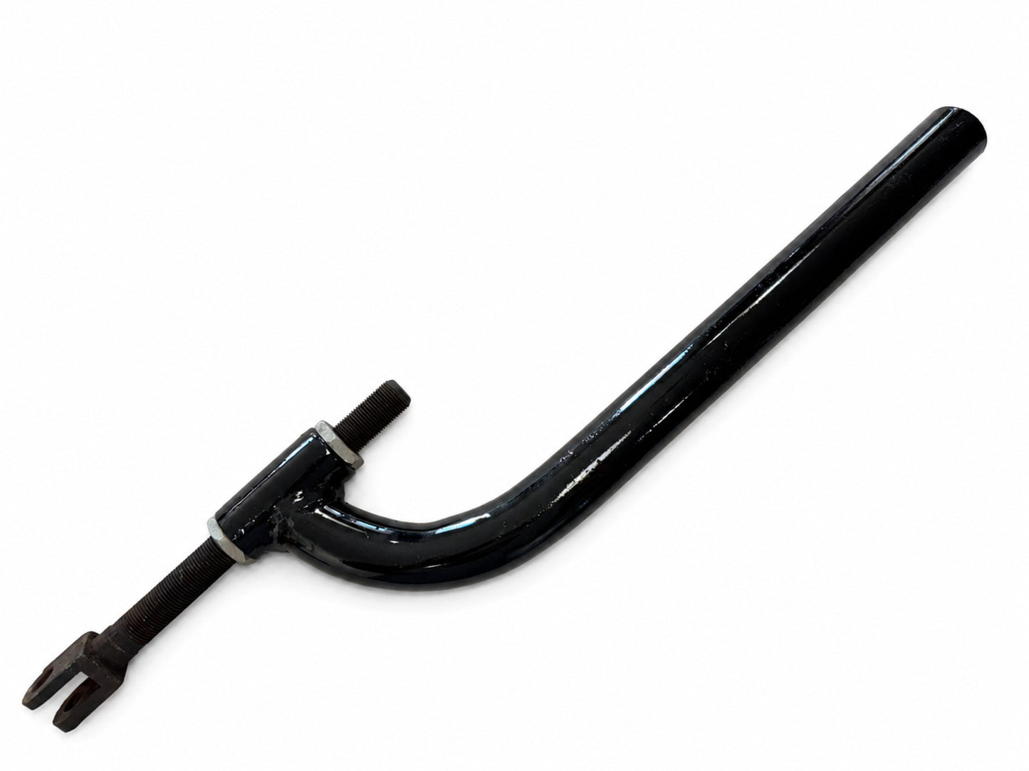Black motorcycle sidecar J Bar mounting bracket with adjustable threaded clevis end and installation hardware.