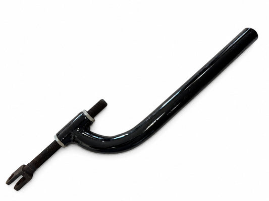 Black motorcycle sidecar J Bar mounting bracket with adjustable threaded clevis end and installation hardware.
