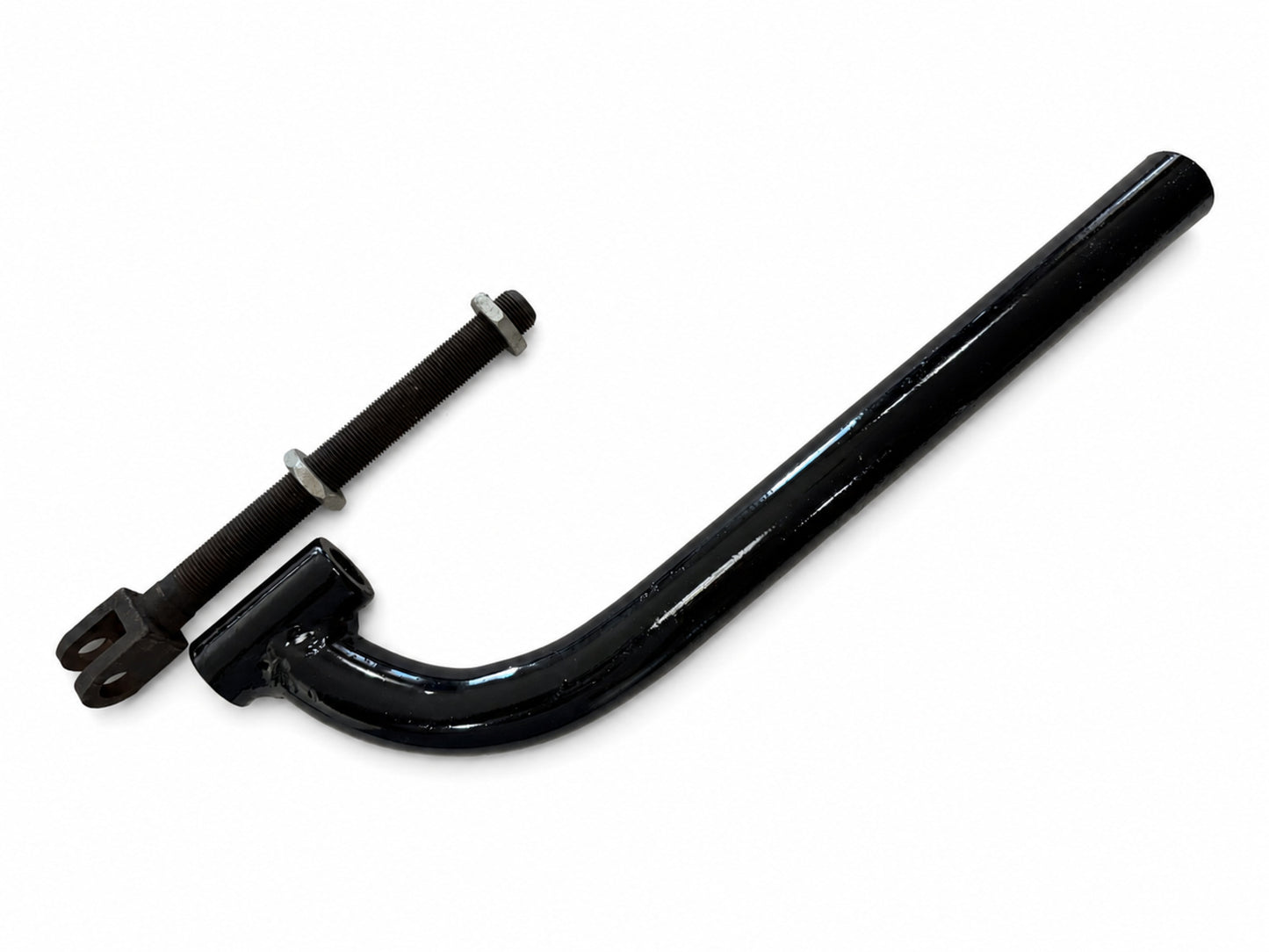 Black motorcycle sidecar J Bar mounting bracket with adjustable threaded clevis bolt and two locknuts.