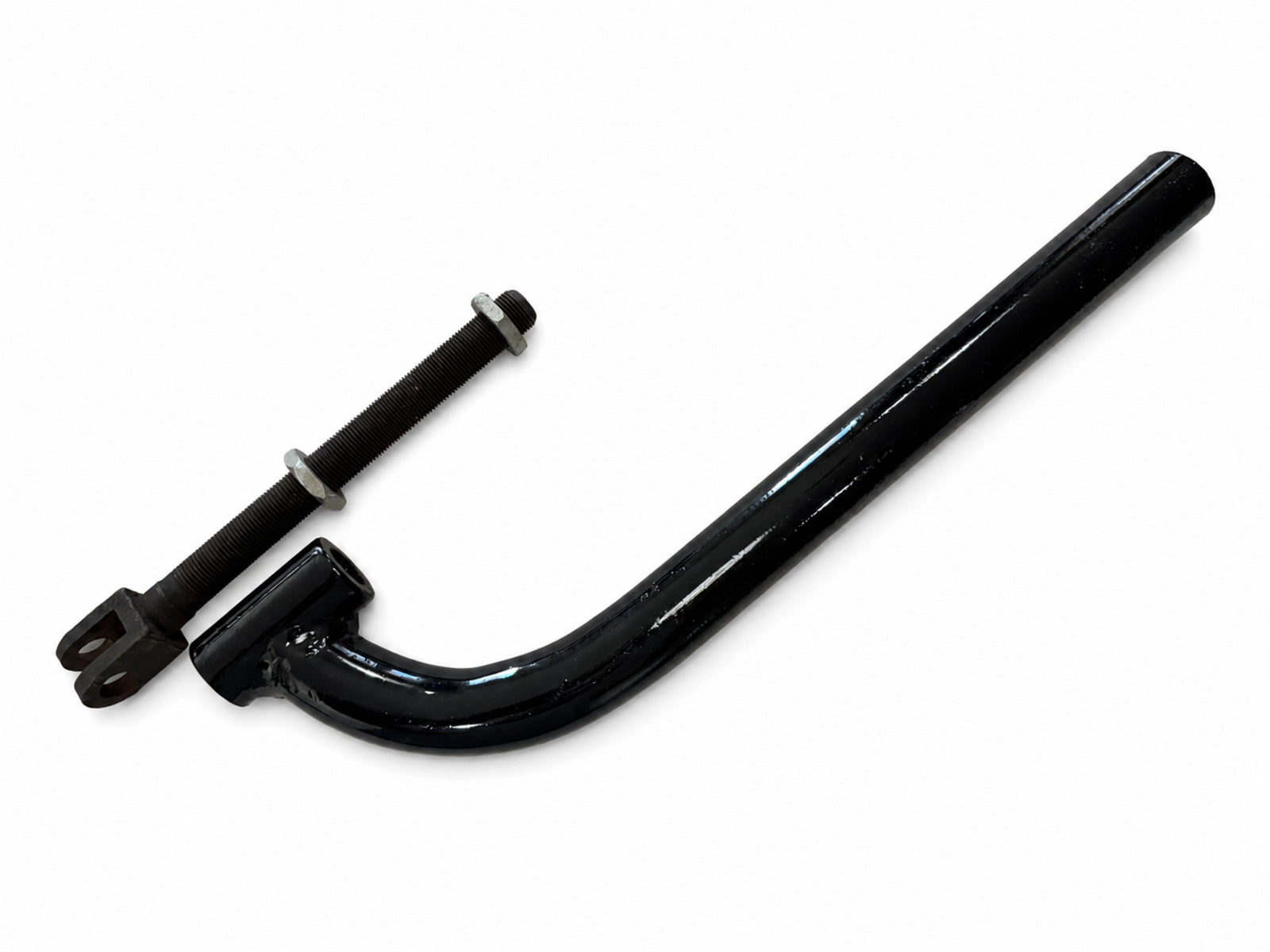 Black motorcycle sidecar J Bar mounting bracket with adjustable threaded clevis bolt and two locknuts.