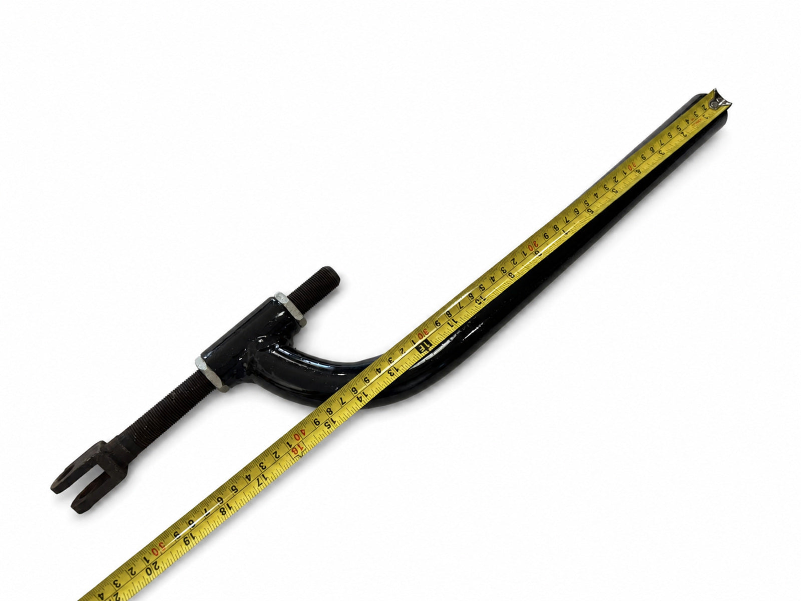 Black motorcycle sidecar J Bar mounting bracket shown with the original tape-measure length measurement.