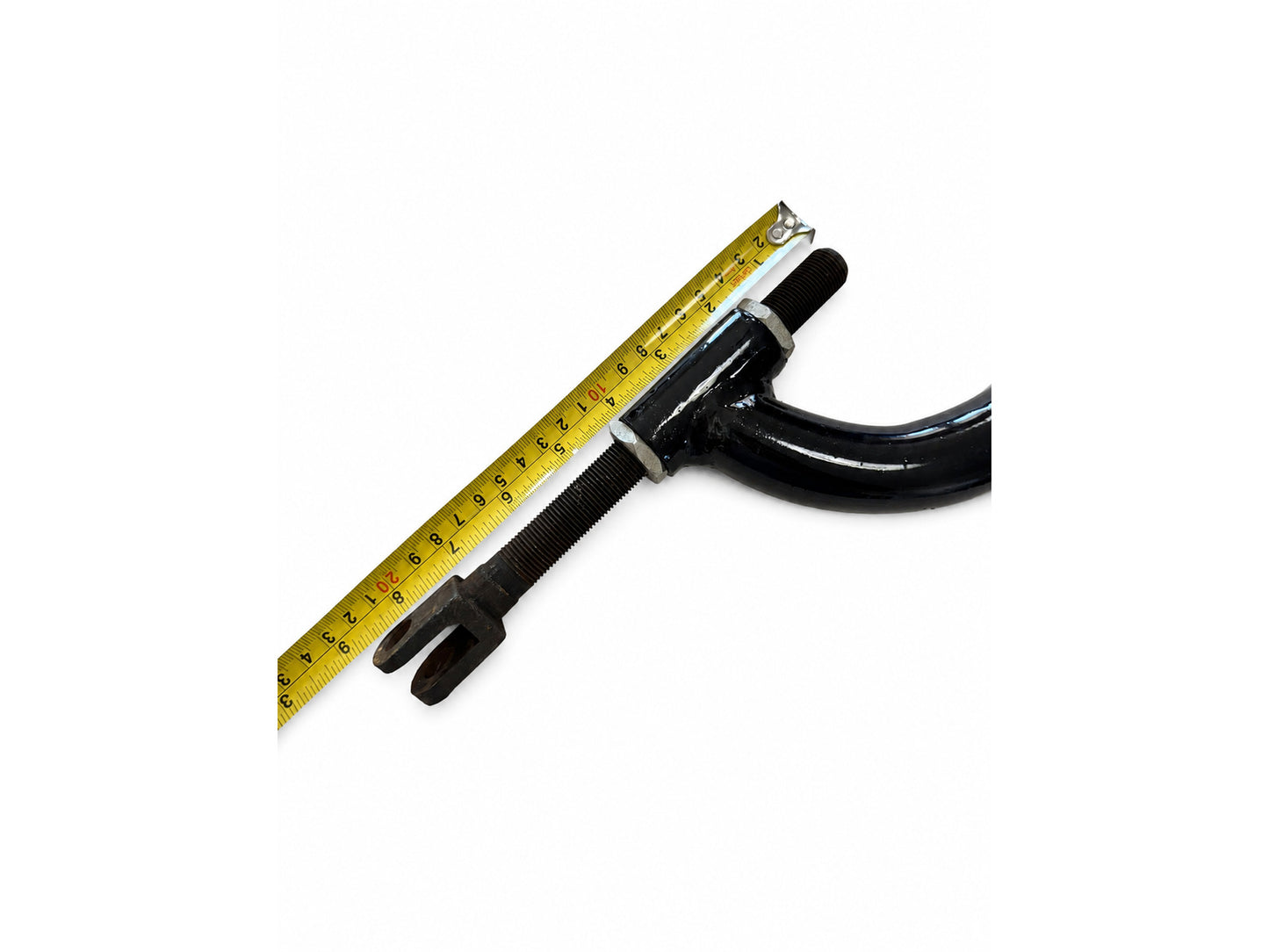 Close-up of a black motorcycle sidecar J Bar threaded mounting end shown with the original tape-measure dimensions.