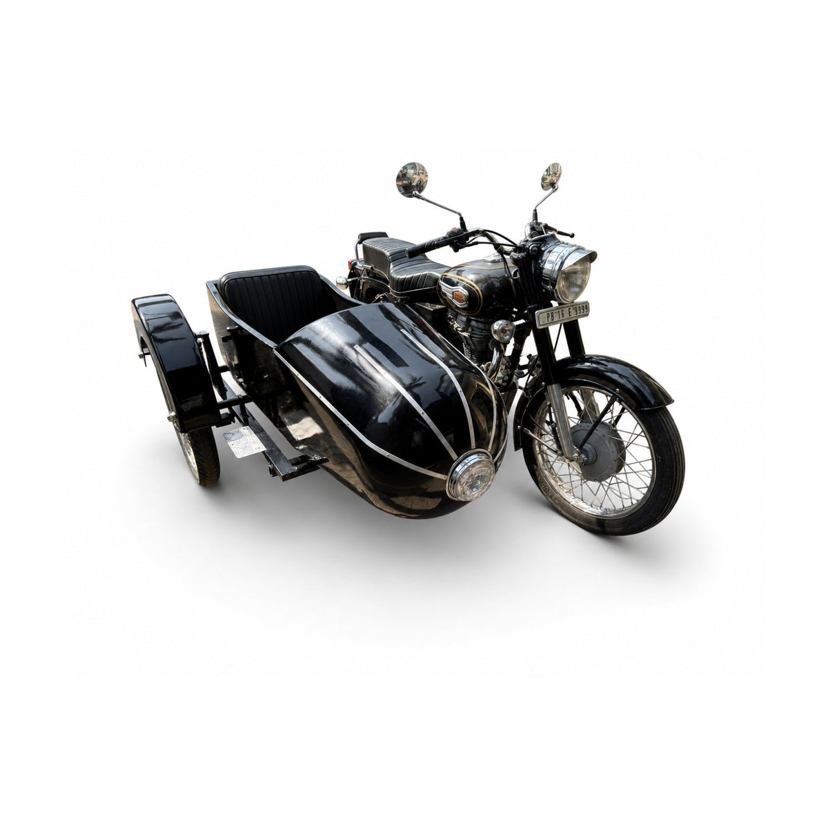 Front view of a black Royal Enfield motorcycle with Razok passenger sidecar on a white background