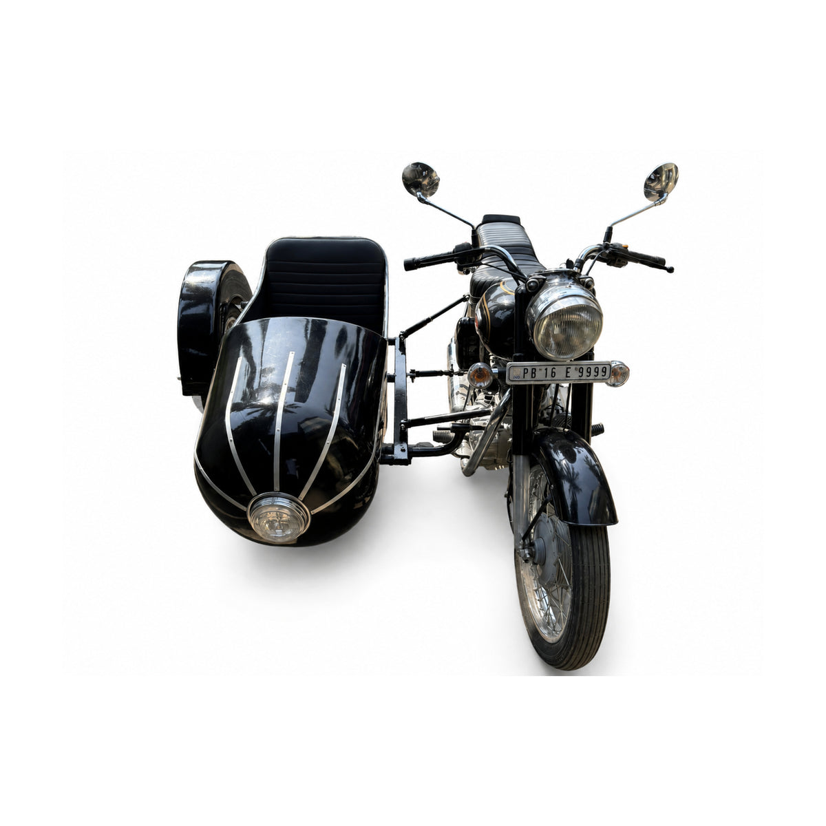 Straight front view of a black Royal Enfield motorcycle with Razok passenger sidecar and black upholstery