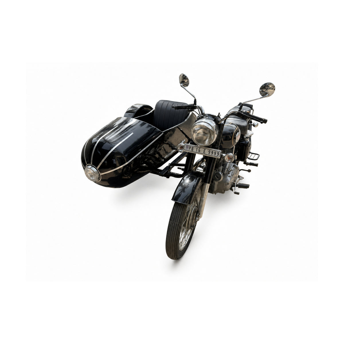 Front-angle view of a black Royal Enfield motorcycle with Razok passenger sidecar and black upholstery