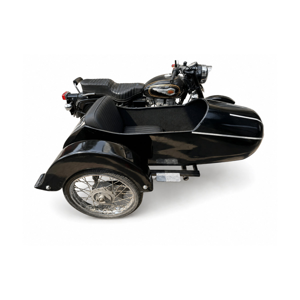 Side view of a black Royal Enfield motorcycle with matching Razok passenger sidecar and black upholstery