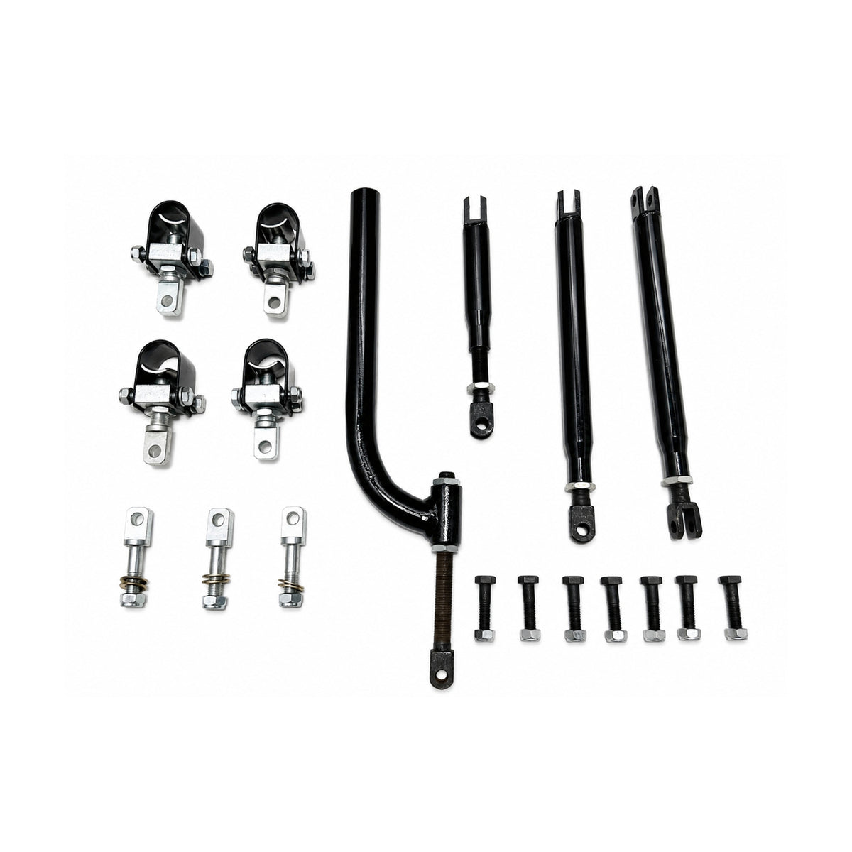 Complete Razok universal motorcycle sidecar mounting kit with clamps, support bars, J-bar, eye bolts, and connecting bolts
