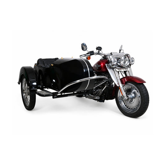 Front three-quarter view of a glossy black Retro passenger sidecar attached to a red cruiser motorcycle on a white background.