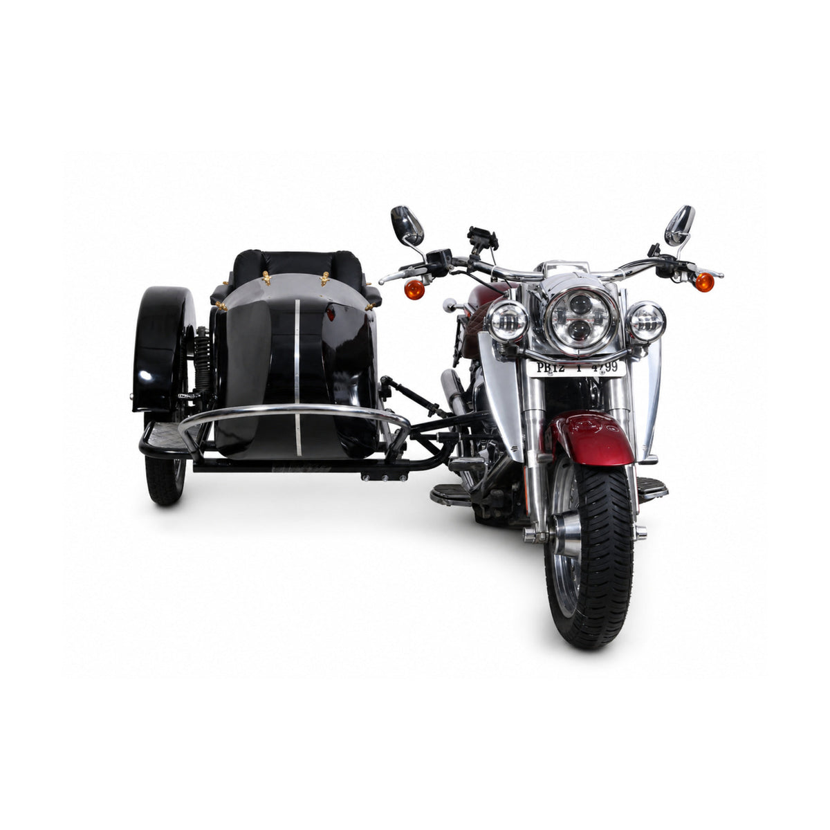 Front view of a glossy black Retro passenger sidecar attached to a red cruiser motorcycle on a white background.