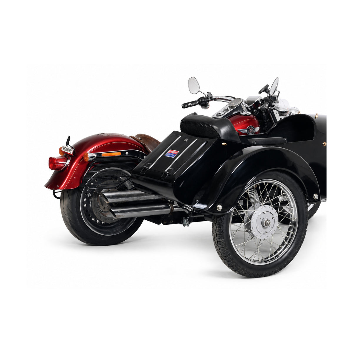 Rear three-quarter view of a glossy black Retro passenger sidecar attached to a red cruiser motorcycle on a white background.