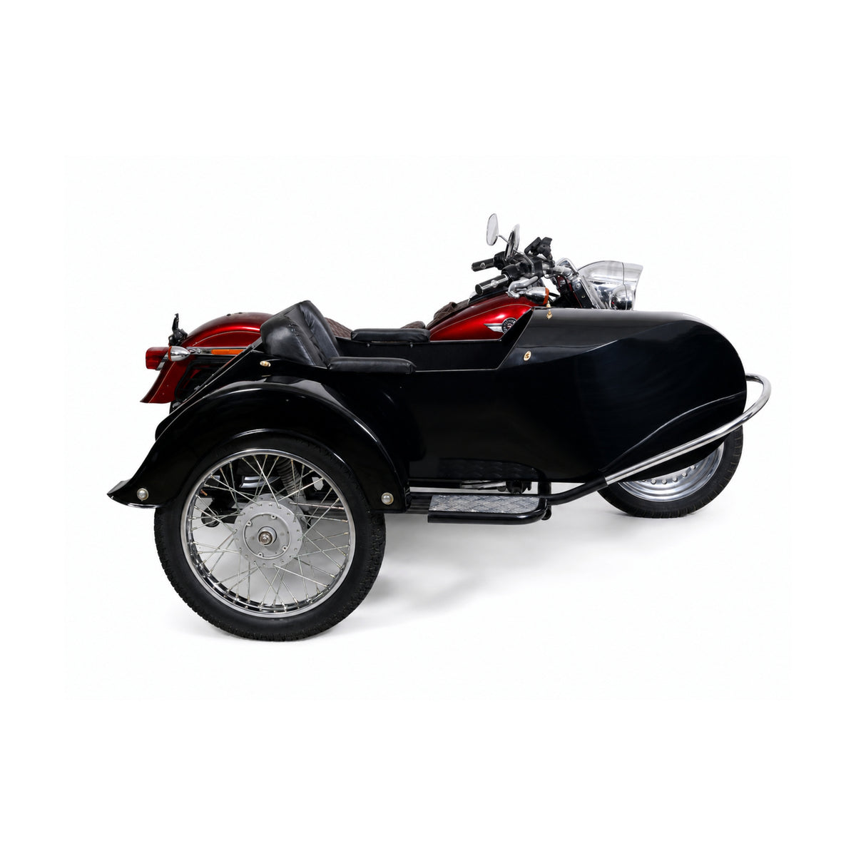 Side view of a glossy black Retro passenger sidecar attached to a red cruiser motorcycle on a white background.