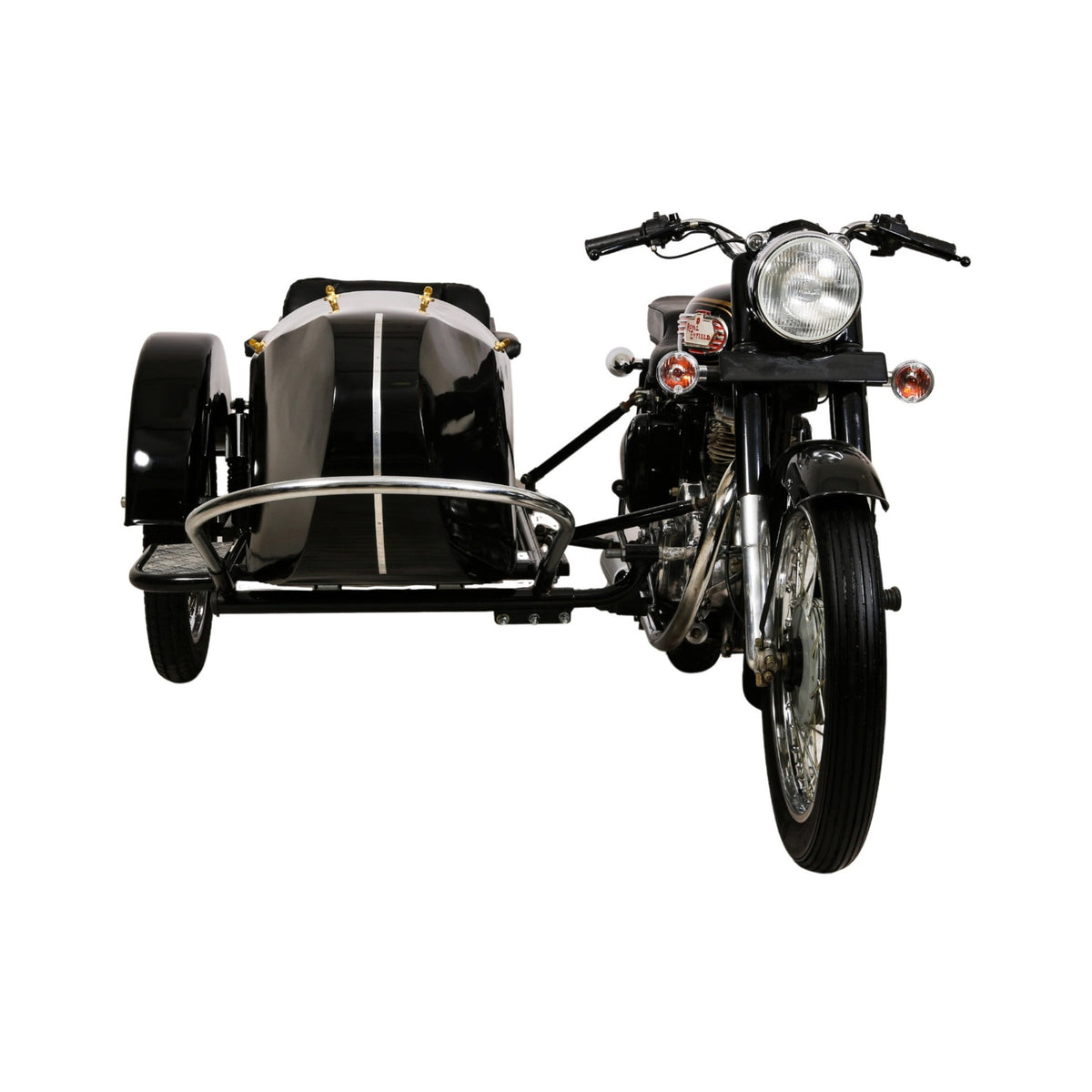 Front view of a glossy black Retro passenger sidecar attached to a Royal Enfield motorcycle on a white background.