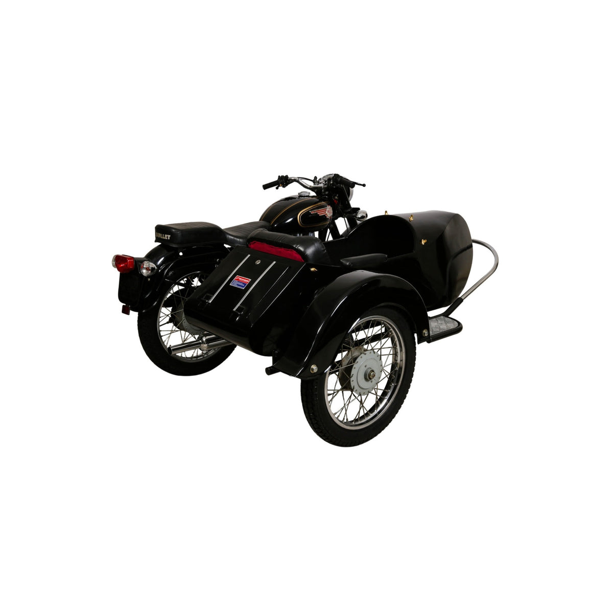 Rear three-quarter view of a black Retro passenger sidecar attached to a Royal Enfield Bullet motorcycle on a white background.