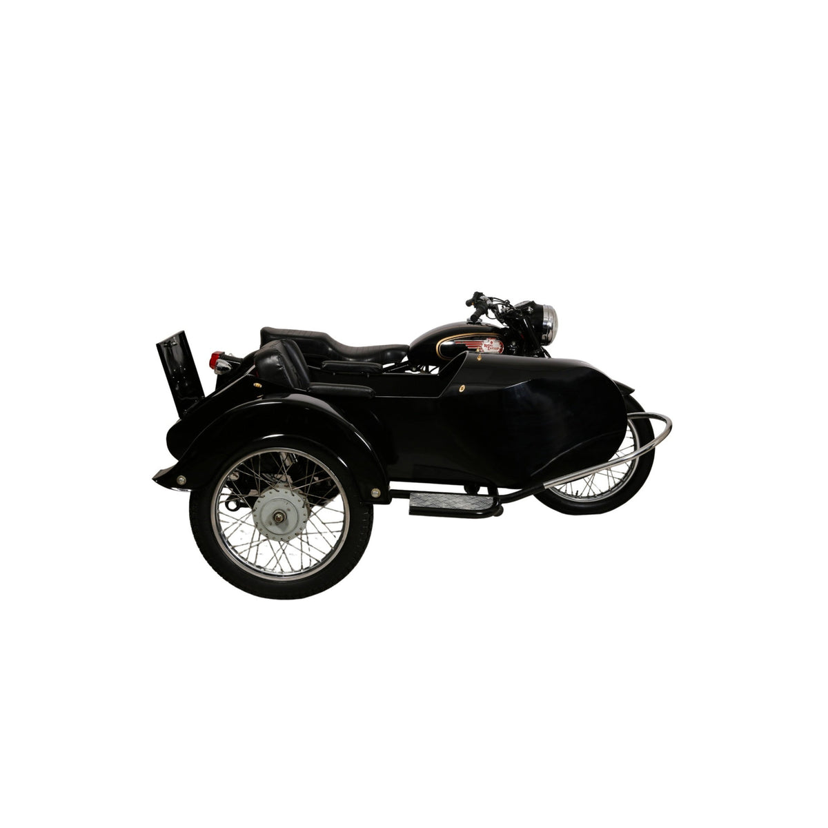 Side view of a black Retro passenger sidecar with its rear storage panel open, attached to a Royal Enfield motorcycle on a white background.