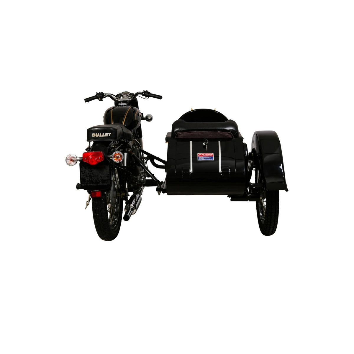 Rear view of a black Retro passenger sidecar attached to a Royal Enfield Bullet motorcycle on a white background.