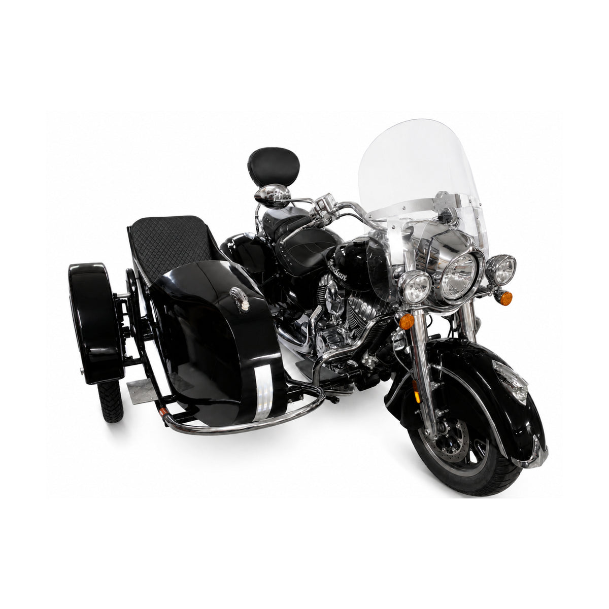 Front three-quarter view of a black Retro passenger sidecar with black diamond-quilted seat attached to a black Indian motorcycle on a white background.