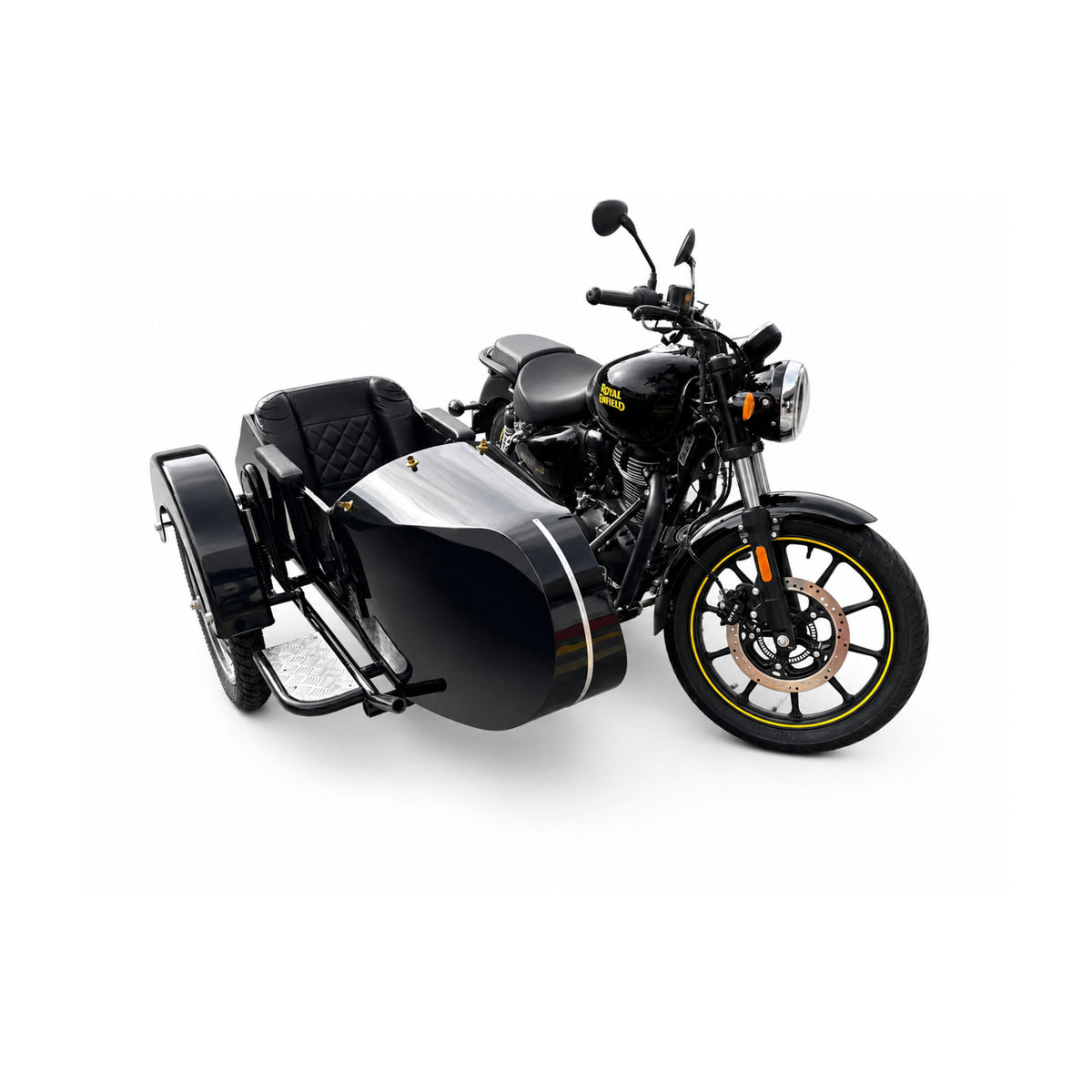 Front three-quarter view of a black Retro passenger sidecar with black upholstery attached to a black Royal Enfield motorcycle on a white background