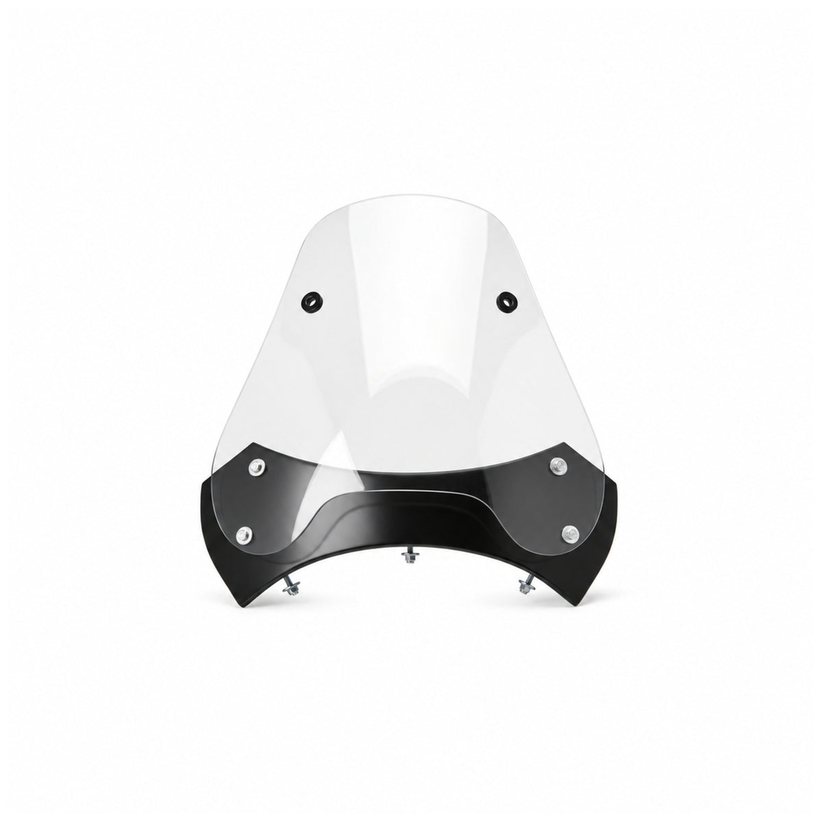 Front view of a clear Retro motorcycle sidecar windshield with black lower mounting frame on a white background