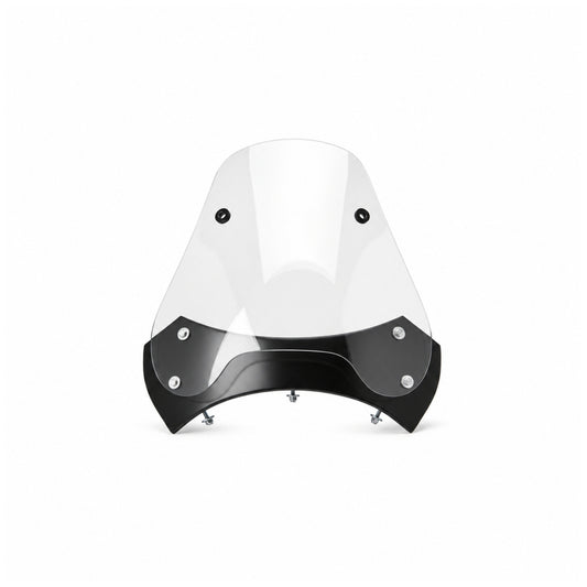 Front view of a clear Retro motorcycle sidecar windshield with black lower mounting frame on a white background