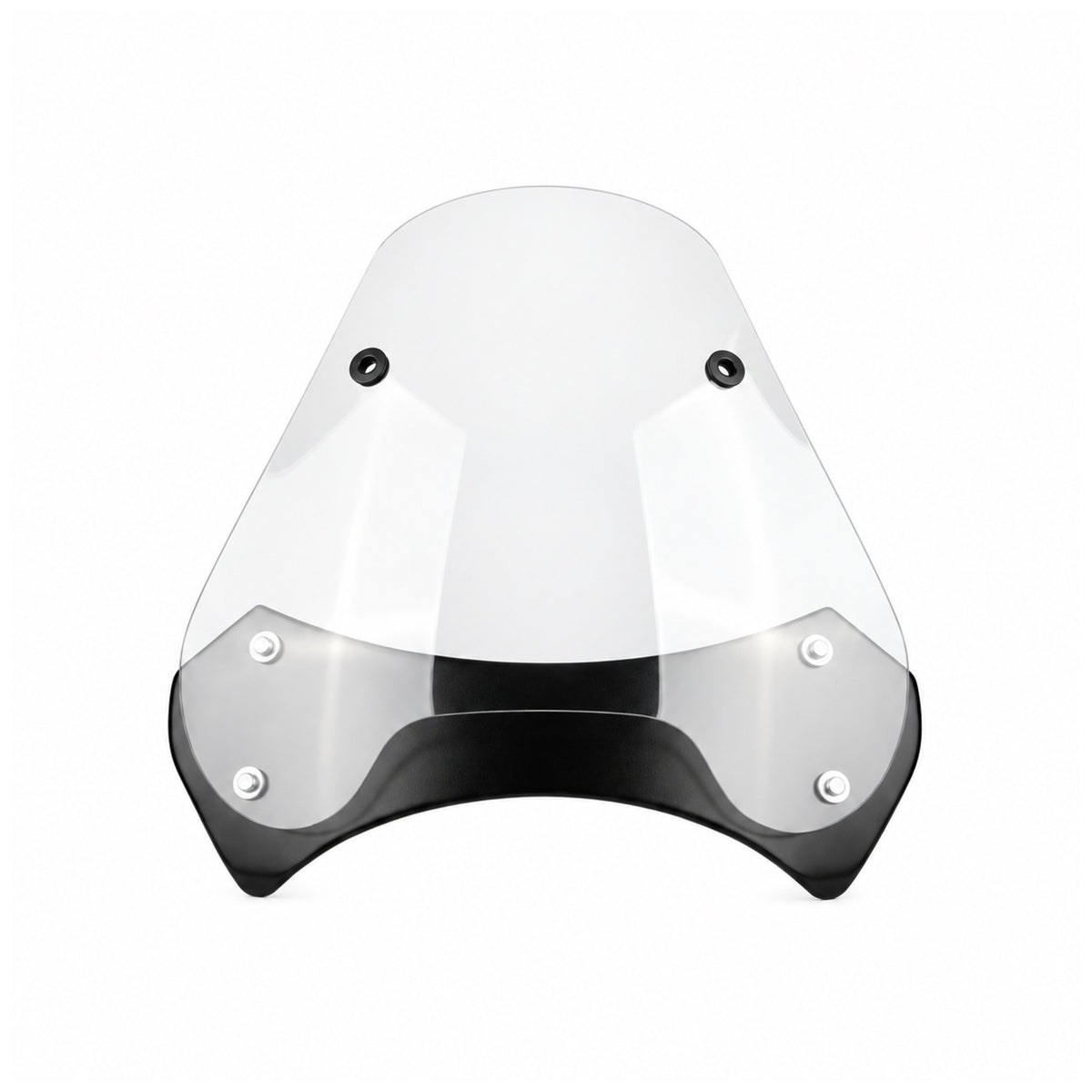 Clear Retro motorcycle sidecar windshield with black lower protective panel and mounting bolts on a white background