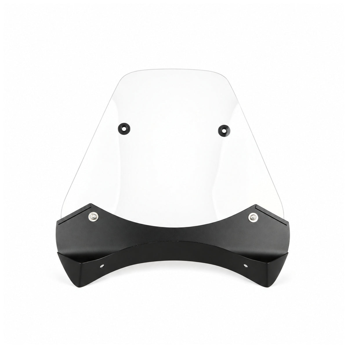 Inside view of a clear Retro sidecar windshield with black mounting frame and hardware on a white background