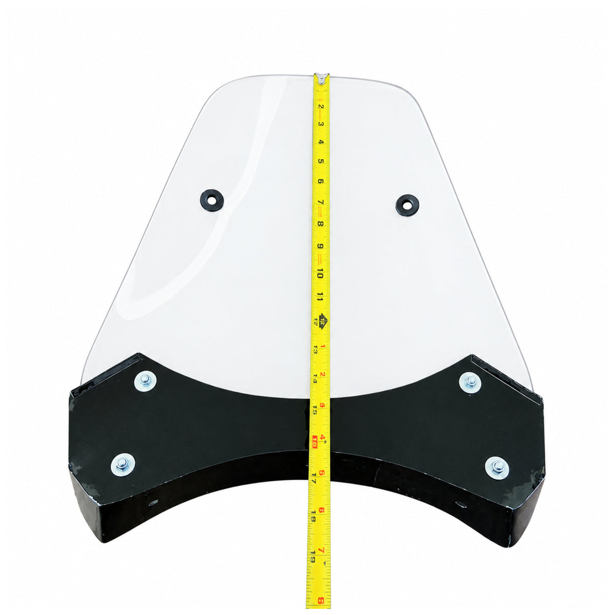 Retro motorcycle sidecar windshield with vertical tape measure showing overall height on a white background