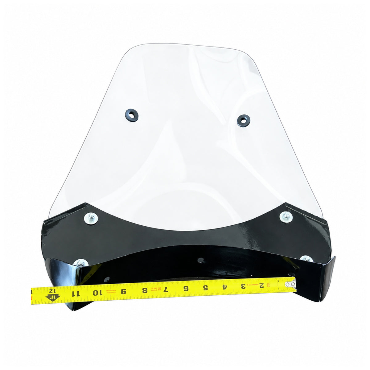 Retro motorcycle sidecar windshield with horizontal tape measure showing lower frame width on a white background