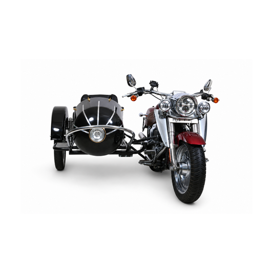 A black sidecar motorcycle with a large black sidecar, photographed on a clean white studio background.