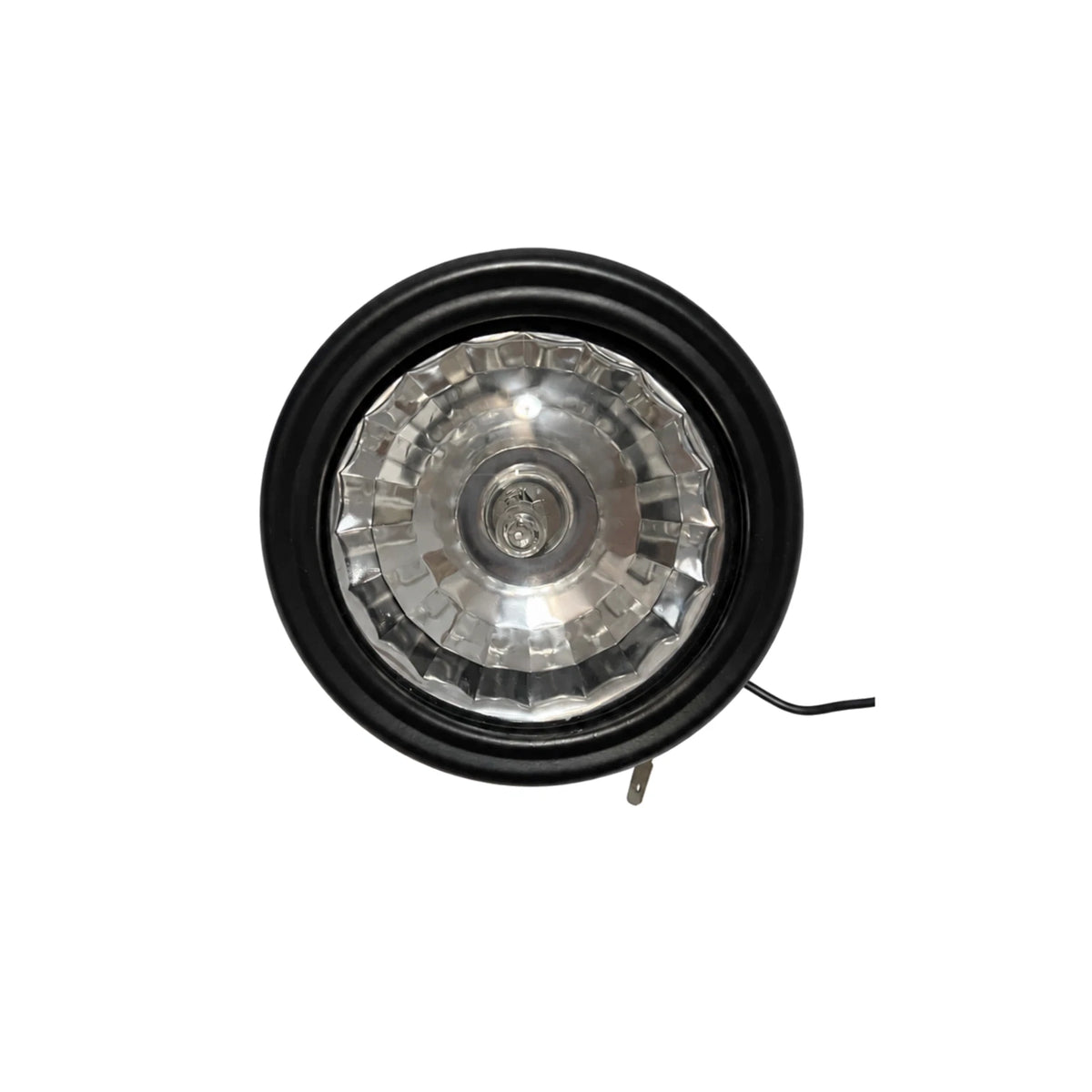 Round black motorcycle sidecar headlight with clear lens, front view