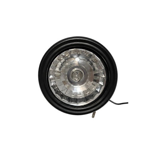 Round black motorcycle sidecar headlight with clear lens, front view