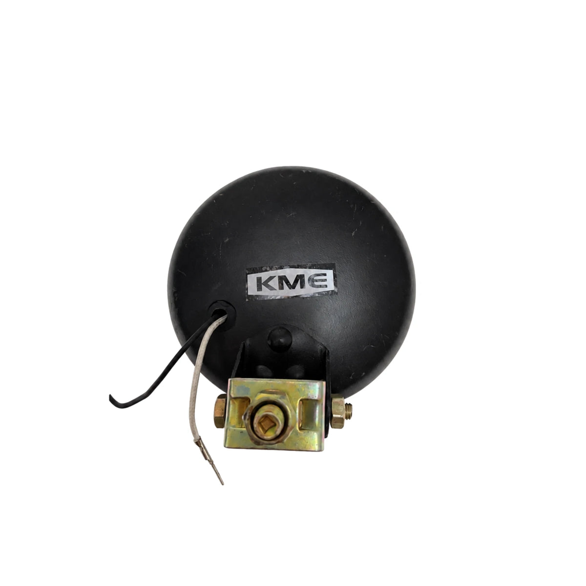 Round black motorcycle sidecar headlight housing and mounting point, side view