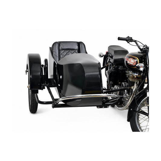 Front three-quarter view of a black Vintage passenger sidecar attached to a Royal Enfield motorcycle on a white background.