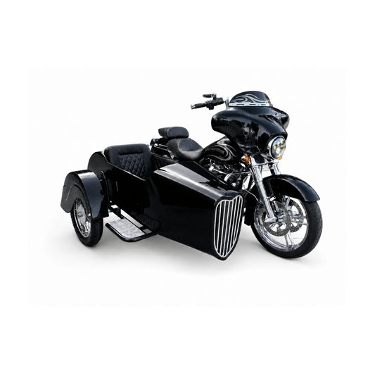 Front-angle view of a black Harley-Davidson touring motorcycle with matching black VOX passenger sidecar and quilted upholstery
